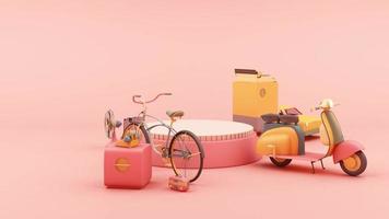 altes Auto in rosa Farbe und altes Zeug Schriftsteller Radio Scooter Fahrrad in bunten Pastelltönen 3D-Animationsschleife video