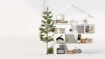 een kruis sectie van een huis. concept van werk van huis, doel van leven, werk leven balans met meubilair gebruikt in dagelijks leven. in wit en hout tonen, realistisch 3d geven en illustratie. video