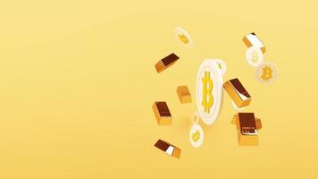 bitcoin está se tornando mais valioso do que ouro e moeda hoje, conceito de finanças na cor preta. loop de animação de renderização 3D video