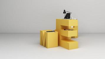 equipamento de trabalho e computador é cercado nas letras wokr formam casa em tons de amarelo. renderização em 3D video