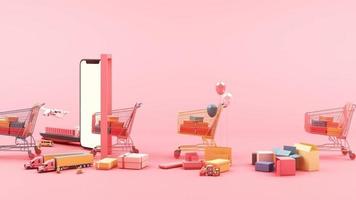 Fast delivery by scooter and van and plane on mobile E-commerce concept Online order with shopping cart and many box on pink background 3d animation loop video