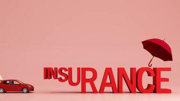 Car protection and safety assurance concept, put a modern red automobile hatchback sedan into under red text insurance font and umbrella, isolated on pink background, 3d rendering animation looped video