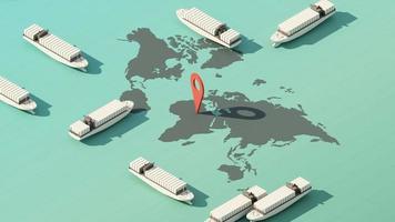 The earth world map by International and Domestic Shipping With scooters, vans, trailers, trucks, large cargo ships and planes. with red gps location on blue sea 3D render isometric animation looped video