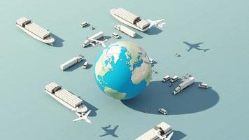 The earth world map by International and Domestic Shipping With scooters, vans, trailers, trucks, large cargo ships and planes. with sphere globe earth on blue sea 3D render isometric animation looped video