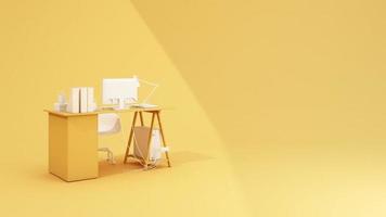 Yellow desk Equipped with working equipment Computers and documents Spin around itself On a yellow background looped animation video