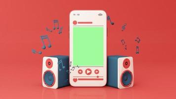 Electric piano keyboard surrounded by speakers, headphones, smart phone with song play list and music key note isolated on pastel background. 3d rendering animation loop video