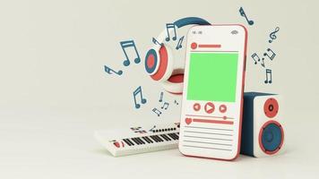 E-Piano-Tastatur, umgeben von Lautsprechern, Kopfhörern, Smartphone mit Song-Playlist und Musik-Keynote isoliert auf pastellfarbenem Hintergrund. 3D-Rendering-Animationsschleife video