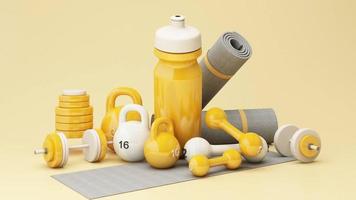 illustration, sport fitness equipment, male and female concept, yoga mat, bottle of water, dumbbells, weights, with Fitness shoes and pulse watches in pastel tone. 3d render animation loop