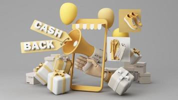 Cash back service, financial payment label concept and money saving, wealth about money and financial planning with Bundle of money, banknote and gold coins on yellow background. realistic 3d render