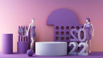 2022 text on a purple and pink background of color trends that is transitioning between 2021 and 2022, with balloons slowly spinning next to it. 3d render animation video