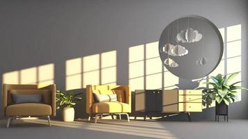 interieur concept van Memphis ontwerp, geel en groen kleding stof fauteuil en sofa reeks omgeving door groen fabriek Aan zwart kader venster en geel en groen muur en zonlicht 3d renderen video