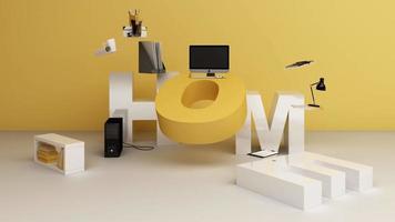 equipamento de trabalho e computador é cercado nas letras wokr formam casa em tons de amarelo. renderização em 3D video