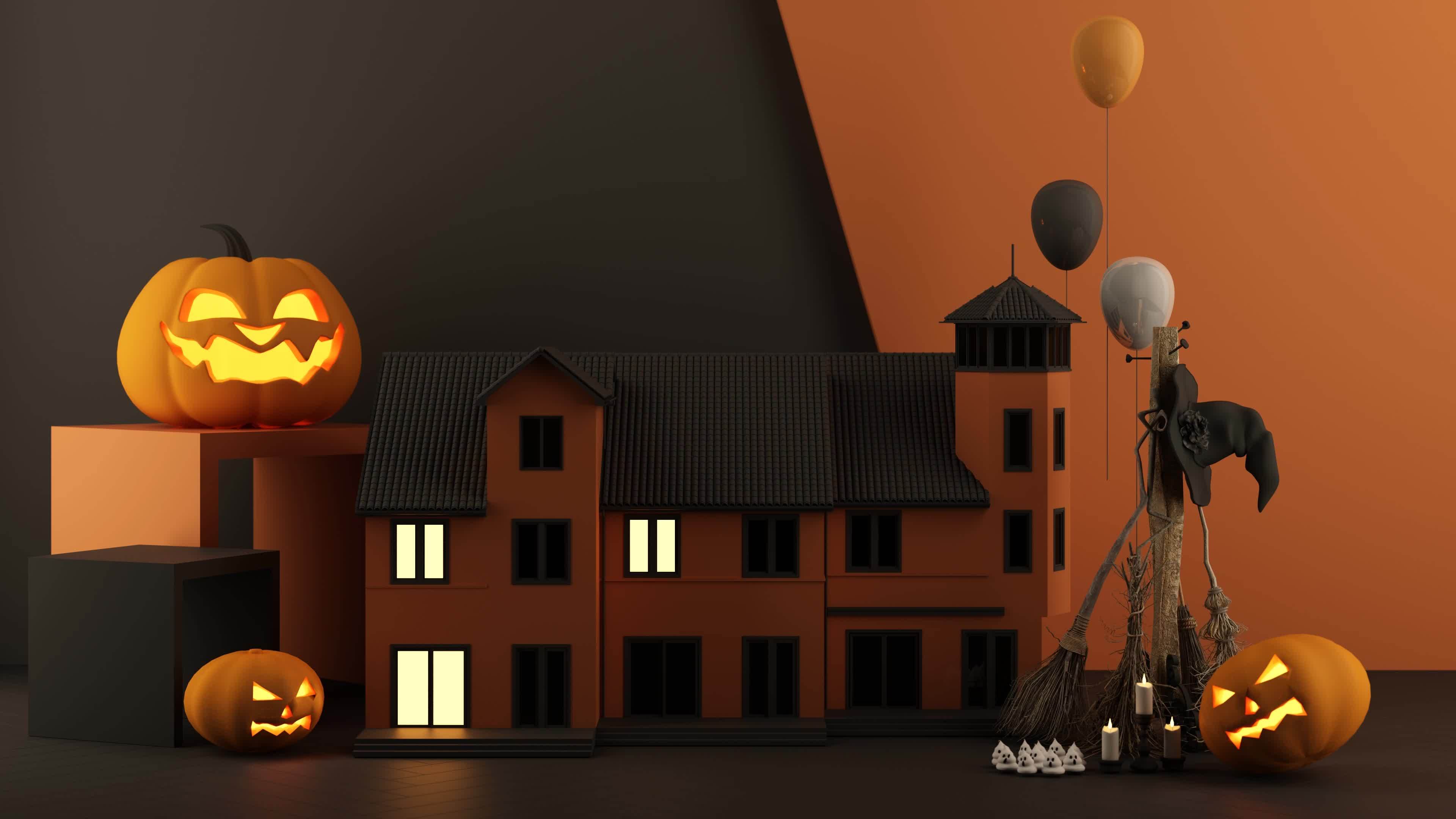 Halloween concept in the house with the lights on with glowing pumpkin heads, witch brooms