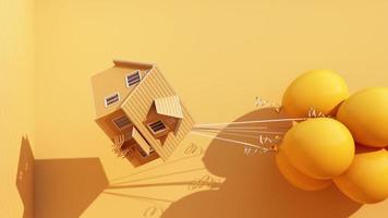 3d rendering, yellow balloon flying out and going through the open door, objects isolated on bright yellow background and blue door. Abstract metaphor, modern minimal concept. animation looped video