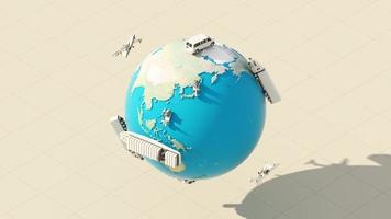 o mapa do mundo da terra por transporte internacional e doméstico com scooters, vans, reboques, caminhões, grandes navios de carga e aviões. com esfera globo terra no mar azul 3d render animação isométrica em loop video