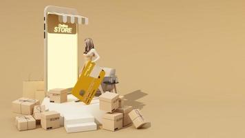young women model at home. Payment online concept. Shopping Online hand to hold credit card with parcel box, shopping bag cardboard box isolated yellow background with copy space realistic 3d render video