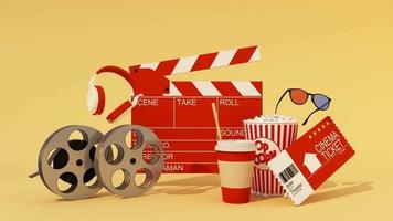 The concept of watching movies online at home with tablet and screen Surrounded by movie equipment, movie tickets, film reels, movie cameras Popcorn, drinks with armchair. 3d rendering animation loop video