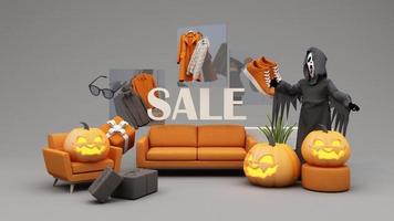 cartel de promoción de venta de halloween o pancarta con calabaza de halloween y ropa de compras de moda y caja de regalo con podio de producto, plantilla de halloween de fondo, pantalla verde. Bucle de animación de renderizado 3d video