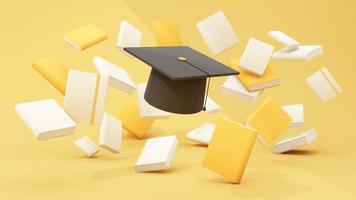 Back to school with school supplies and equipment. background and poster for back to school. Lots of books in pastel colors with floating degree cap. on yellow pastel tone. 3d render animation loop video