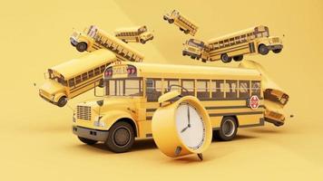 de volta à escola com material escolar e equipamento. fundo e pôster para volta às aulas. muito ônibus escolar amarelo e despertador. em tom pastel amarelo. loop de animação de renderização 3D video