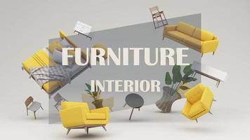 interior design concept Sale of home decorations and furniture During promotions and discounts, it is surrounded by beds, sofas, armchairs and advertising spaces banner. pastel background. 3d render video
