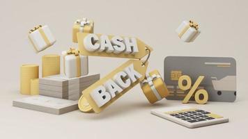 cashback-service, financieel betalingslabelconcept en geldbesparing, rijkdom over geld en financiële planning met een bundel geld, bankbiljetten en gouden munten op gele achtergrond. realistische 3D-weergave video