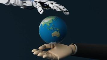 robot hand- en bedrijf Mens hand- Holding de wereld of planeet aarde. ai of kunstmatig intelligentie- concept. concept technologie industrie en mensen werk samen. Aan blauw achtergrond. 3d renderen video