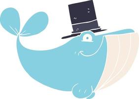 flat color illustration of a cartoon whale wearing top hat vector