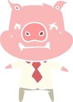 angry flat color style cartoon pig boss vector