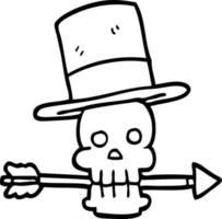 line drawing cartoon skull with top hat and arrow vector