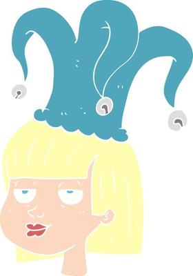 flat color illustration of a cartoon female face with jester hat