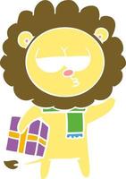 flat color style cartoon tired lion with gift vector