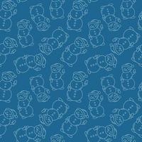 Snowman cute simple pattern. Vector doodles seamless background with outline hand drawn snowmen in Santa cap. Xmas print design. Doodle repeat illustration