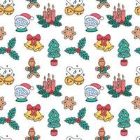 Christmas doodles seamless pattern. Vector white background with outline hand drawn Christmas holiday elements. Xmas design objects. Holly, tree, jingle bells. Doodle repeat illustration