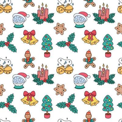 Christmas doodles seamless pattern. Vector white background with outline hand drawn Christmas holiday elements. Xmas design objects. Holly, tree, jingle bells. Doodle repeat illustration
