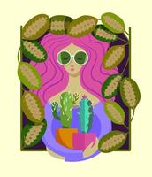 una chica de pelo rosa y gafas de sol verdes sostiene dos macetas de cactus vector
