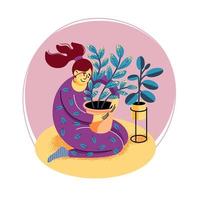 cute girl in pajamas hugs a pot of indoor flower. vector