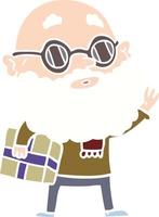 flat color style cartoon curious man with beard sunglasses and present vector