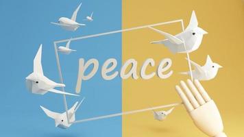 origami white bird paper with white frame for banner dove on yellow blue pastel background. No war. Creative minimalistic layout. Flat lay. isolate 3d rendering video