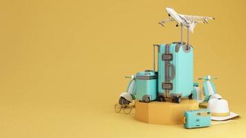 Travel and adventure and departure concept In summer, surrounded by luggage, camera, sunglasses, hat with scooter motorcycle and airplane. green and yellow tones 3d render animation looped video