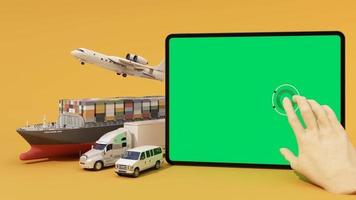 international transport shipping concept podium product stand surrounded by cardboard boxes, a cargo container ship, a flying plane, a van and a truck isolated on white background 3D rendering video