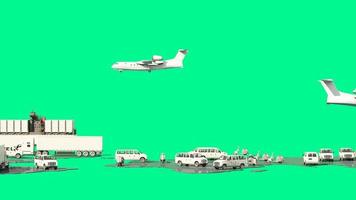 Podiumsproduktstand des internationalen Transportversandkonzepts, umgeben von Kartons, einem Frachtcontainerschiff, einem fliegenden Flugzeug, einem Lieferwagen und einem LKW, isoliert auf weißem Hintergrund 3D-Rendering video