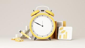 Black vintage alarm clock running time lapse on pastel background with natural light that falls on the ground over time. surrounded by a lot of white vintage alarm clock realistic. 3d rendering loop