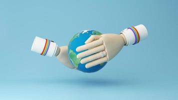 Hands holding, LGBTQ people isolated. cartoon character with globe. Concept of homosexual, gay community, tolerant LGBTQ society. Lesbians and gays as representatives of LGBT people. -3d render loop video