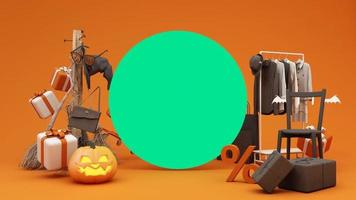 halloween försäljning befordran affisch eller baner med halloween pumpa och mode handla kläder och gåva låda med produkt podium, bakgrund halloween mall, grön skärm. 3d framställa animering slinga video