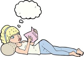 caricatura, mujer bonita, libro de lectura, con, burbuja del pensamiento vector