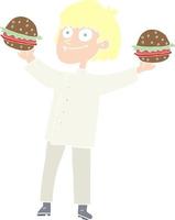 flat color illustration of a cartoon chef with burgers vector