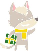 friendly flat color style cartoon wolf carrying christmas present vector