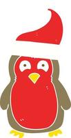 flat color illustration of a cartoon christmas robin wearing christmas hat vector