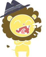 flat color style cartoon roaring lion wearing hat vector